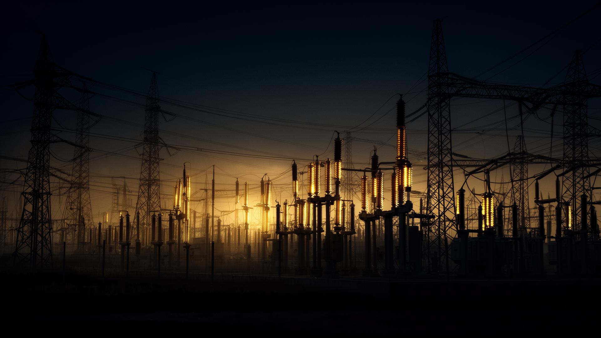 Electrical substation infrastructure at dusk